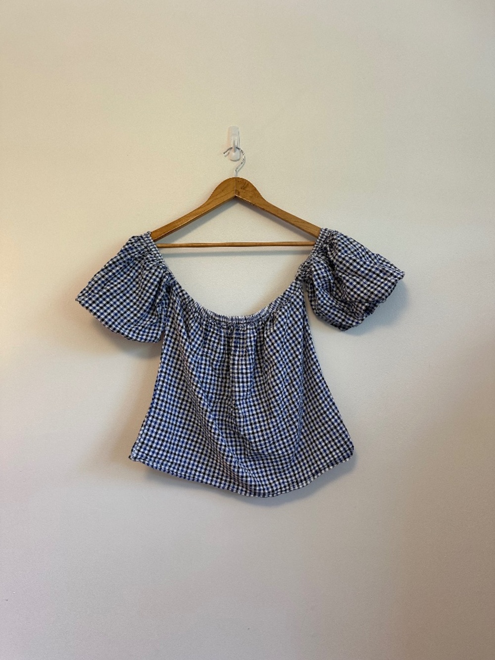 Misa Los Angeles Blue and White Gingham Off The Shoulder Top | Size Large